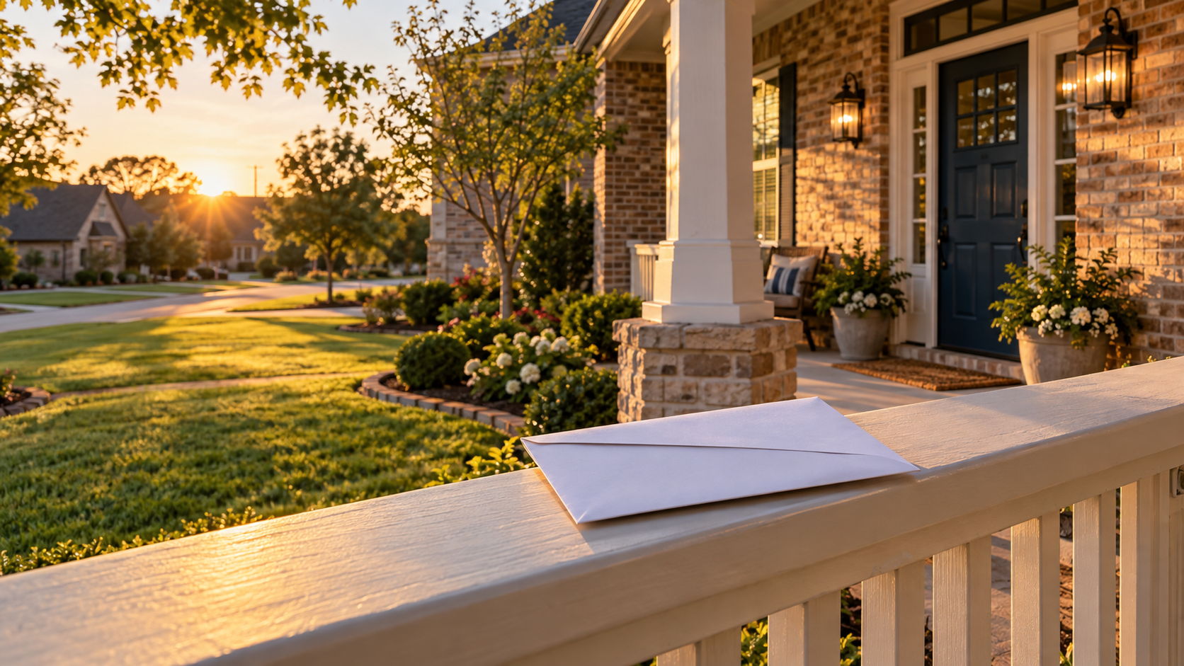 A Texas brick home at golden hour, a blank envelope resting on the porch rail